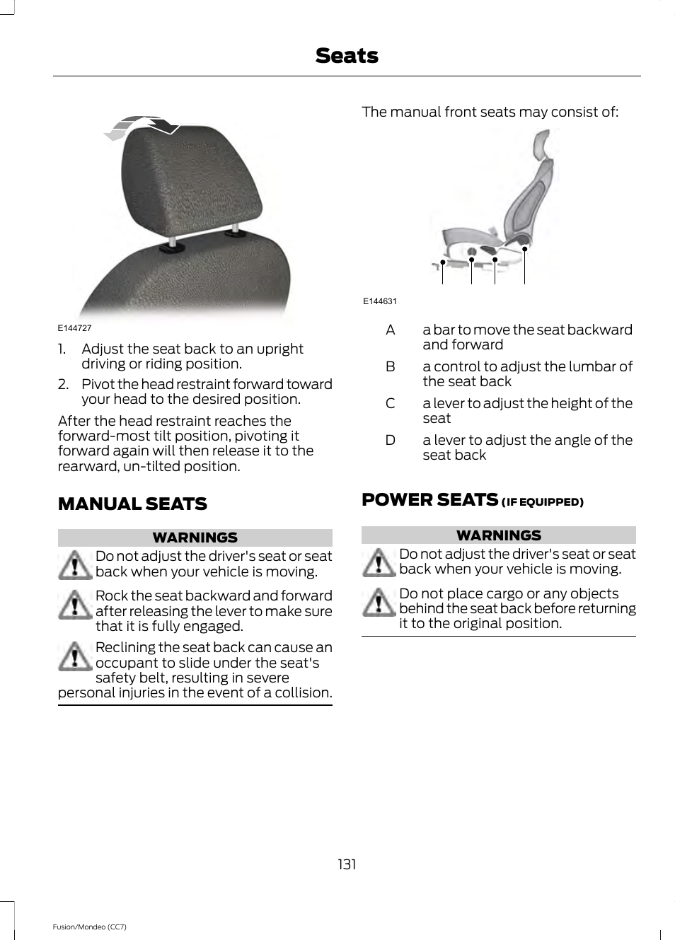 Manual seats, Power seats, Manual seats power seats | Seats, Ab c d | FORD 2013 Fusion v.3 User Manual | Page 134 / 458