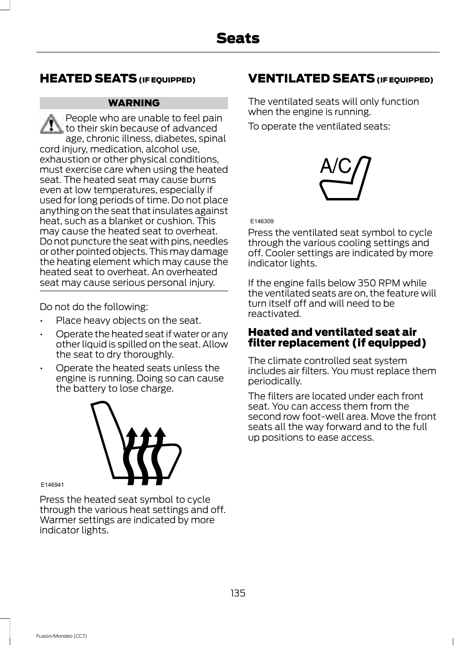 Heated seats, Ventilated seats, Heated seats ventilated seats | Seats | FORD 2013 Fusion v.3 User Manual | Page 138 / 458