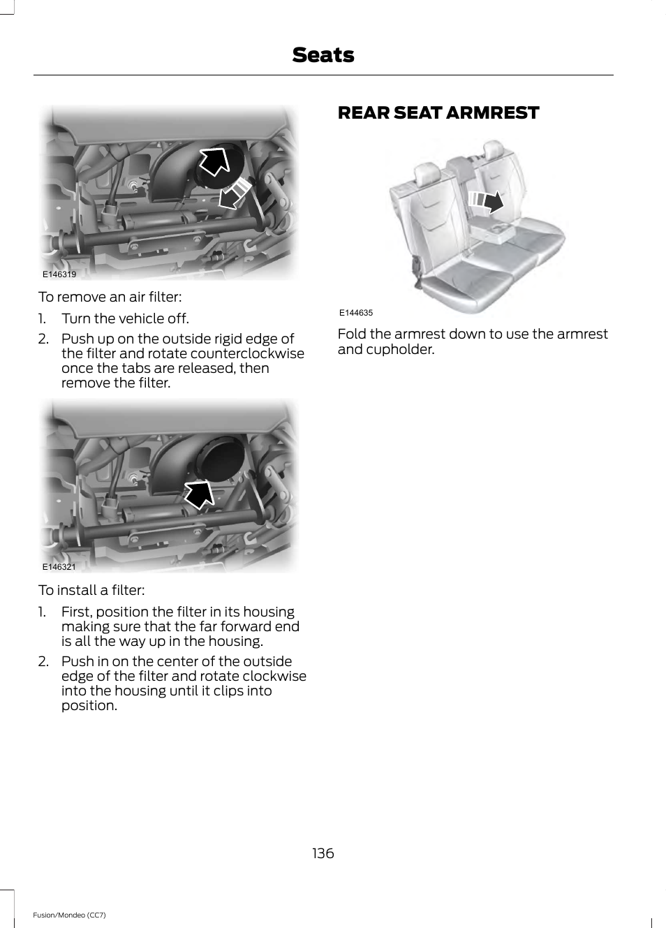 Rear seat armrest, Seats | FORD 2013 Fusion v.3 User Manual | Page 139 / 458