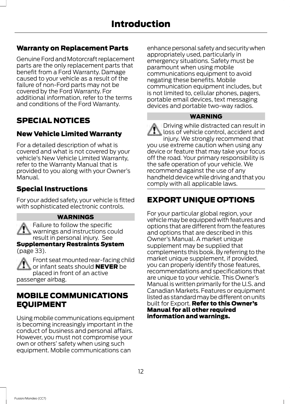 Special notices, Mobile communications equipment, Export unique options | Special notices mobile communications, Equipment, Introduction | FORD 2013 Fusion v.3 User Manual | Page 15 / 458