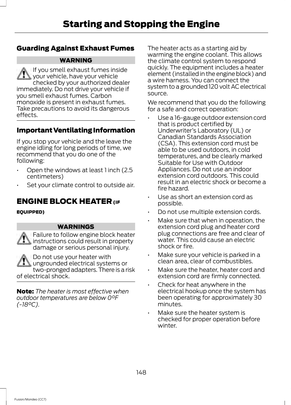 Engine block heater, Starting and stopping the engine | FORD 2013 Fusion v.3 User Manual | Page 151 / 458