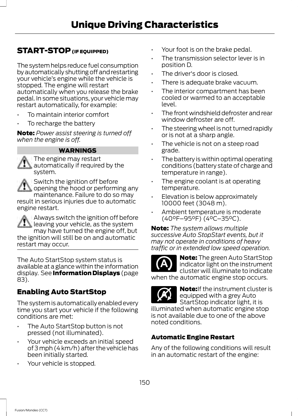 Unique driving characteristics, Start-stop, Unique driving character | Istics | FORD 2013 Fusion v.3 User Manual | Page 153 / 458