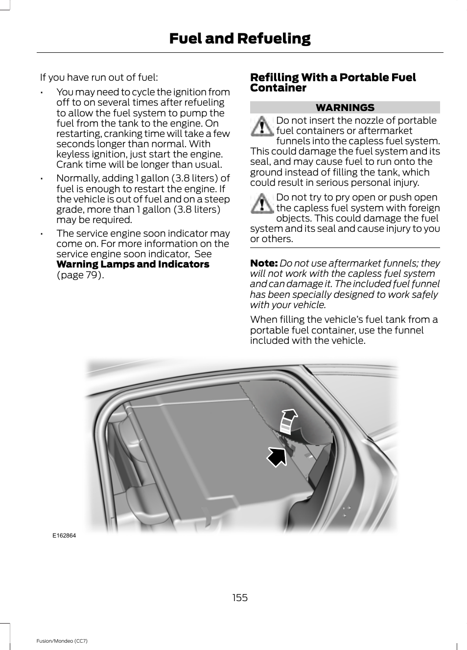 Fuel and refueling | FORD 2013 Fusion v.3 User Manual | Page 158 / 458