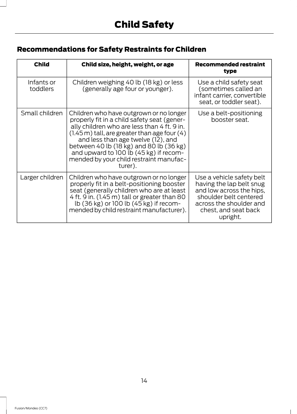 Child safety | FORD 2013 Fusion v.3 User Manual | Page 17 / 458