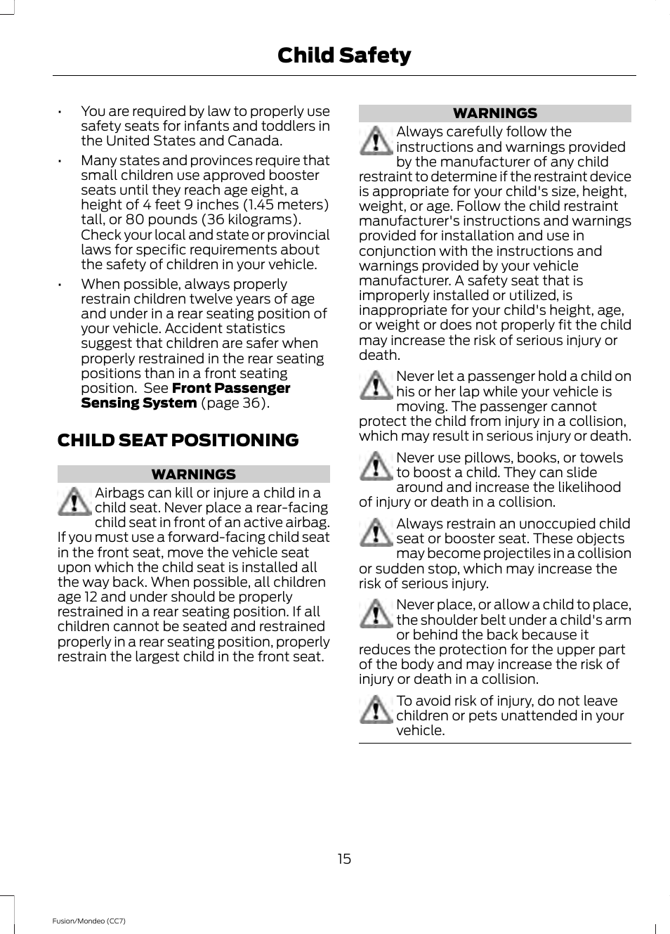 Child seat positioning, Child safety | FORD 2013 Fusion v.3 User Manual | Page 18 / 458