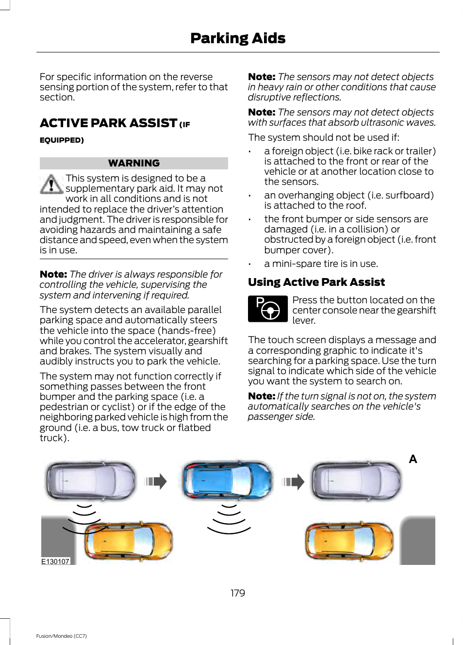 Active park assist, Parking aids | FORD 2013 Fusion v.3 User Manual | Page 182 / 458