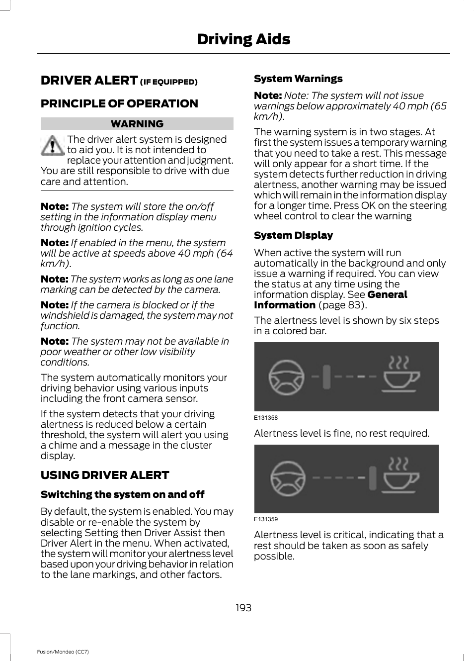 Driving aids, Driver alert | FORD 2013 Fusion v.3 User Manual | Page 196 / 458