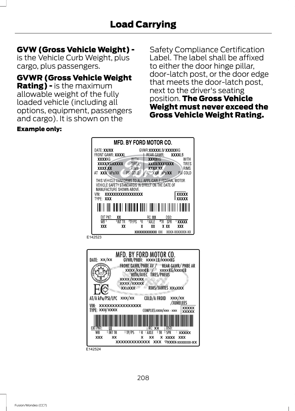 Load carrying | FORD 2013 Fusion v.3 User Manual | Page 211 / 458