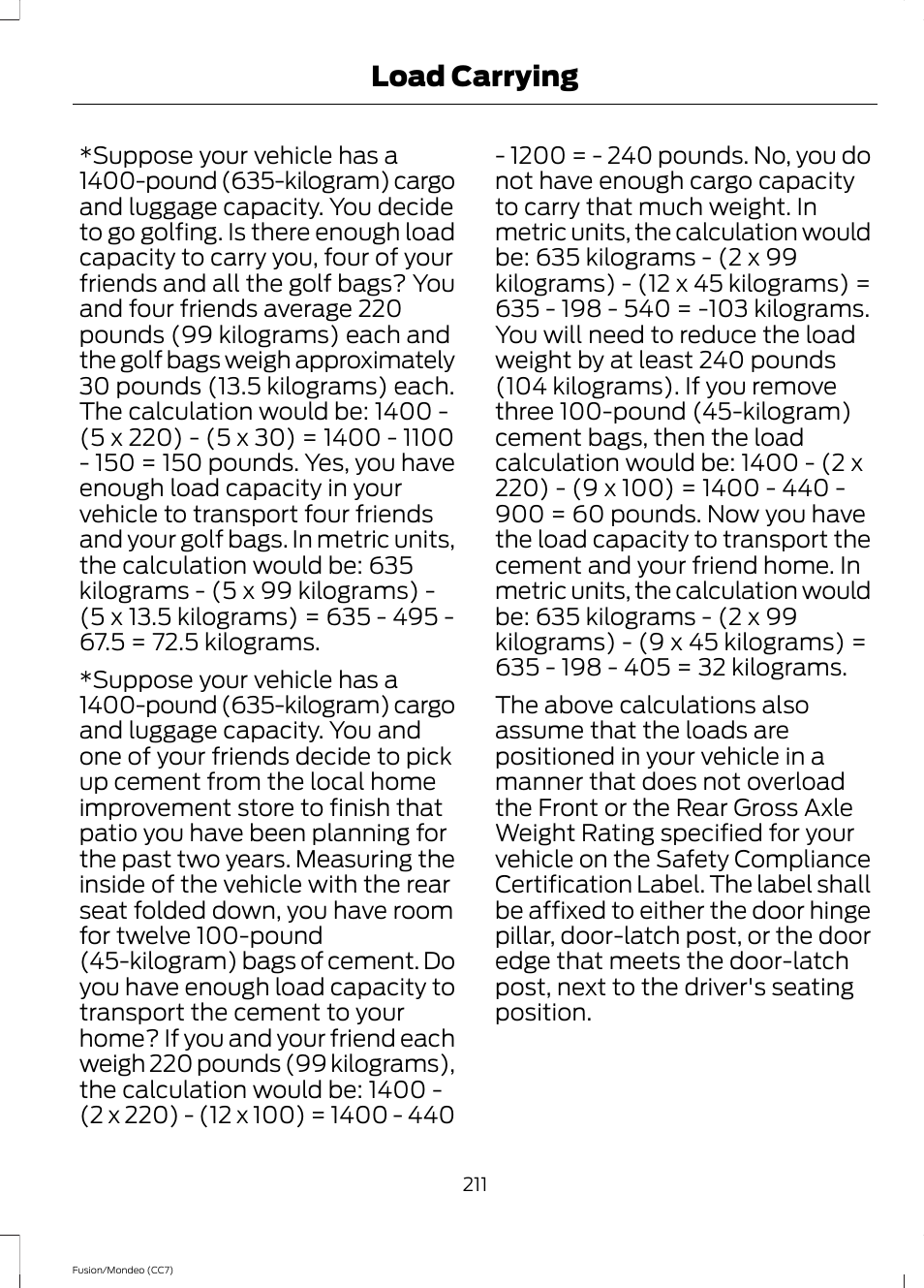 Load carrying | FORD 2013 Fusion v.3 User Manual | Page 214 / 458