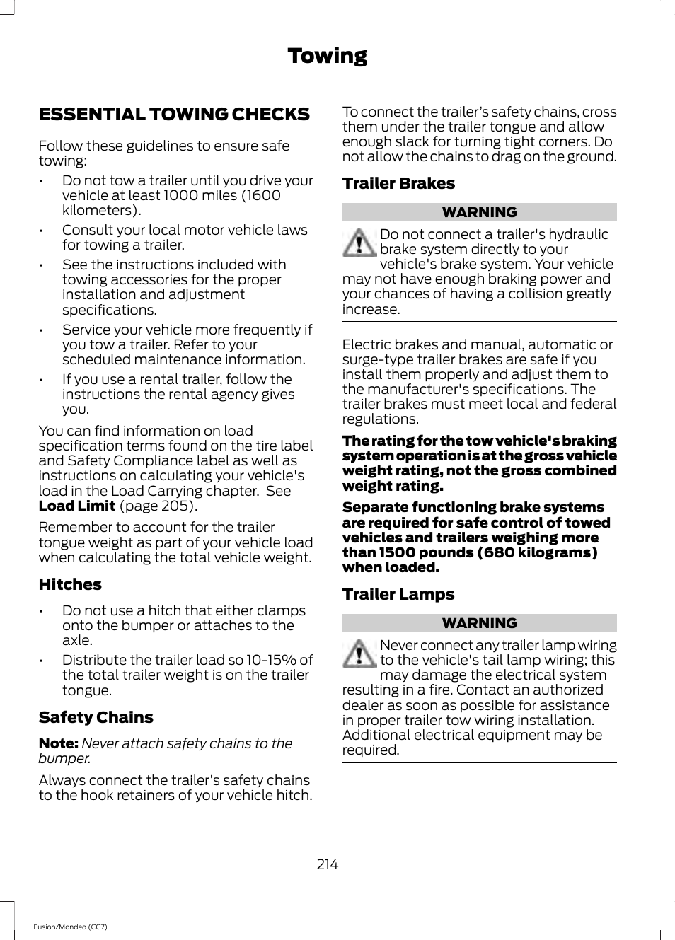 Essential towing checks, Towing | FORD 2013 Fusion v.3 User Manual | Page 217 / 458