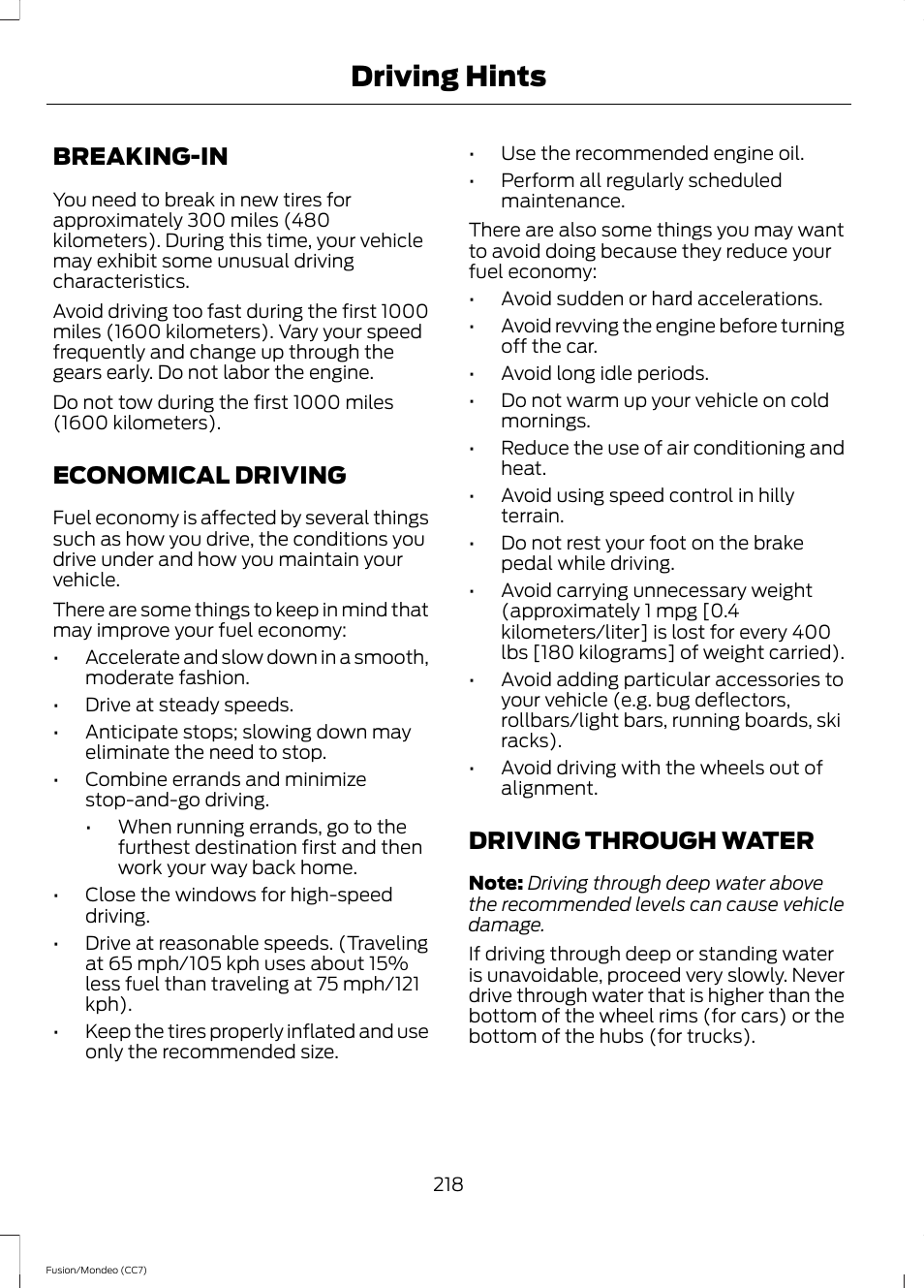 Driving hints, Breaking-in, Economical driving | Driving through water | FORD 2013 Fusion v.3 User Manual | Page 221 / 458