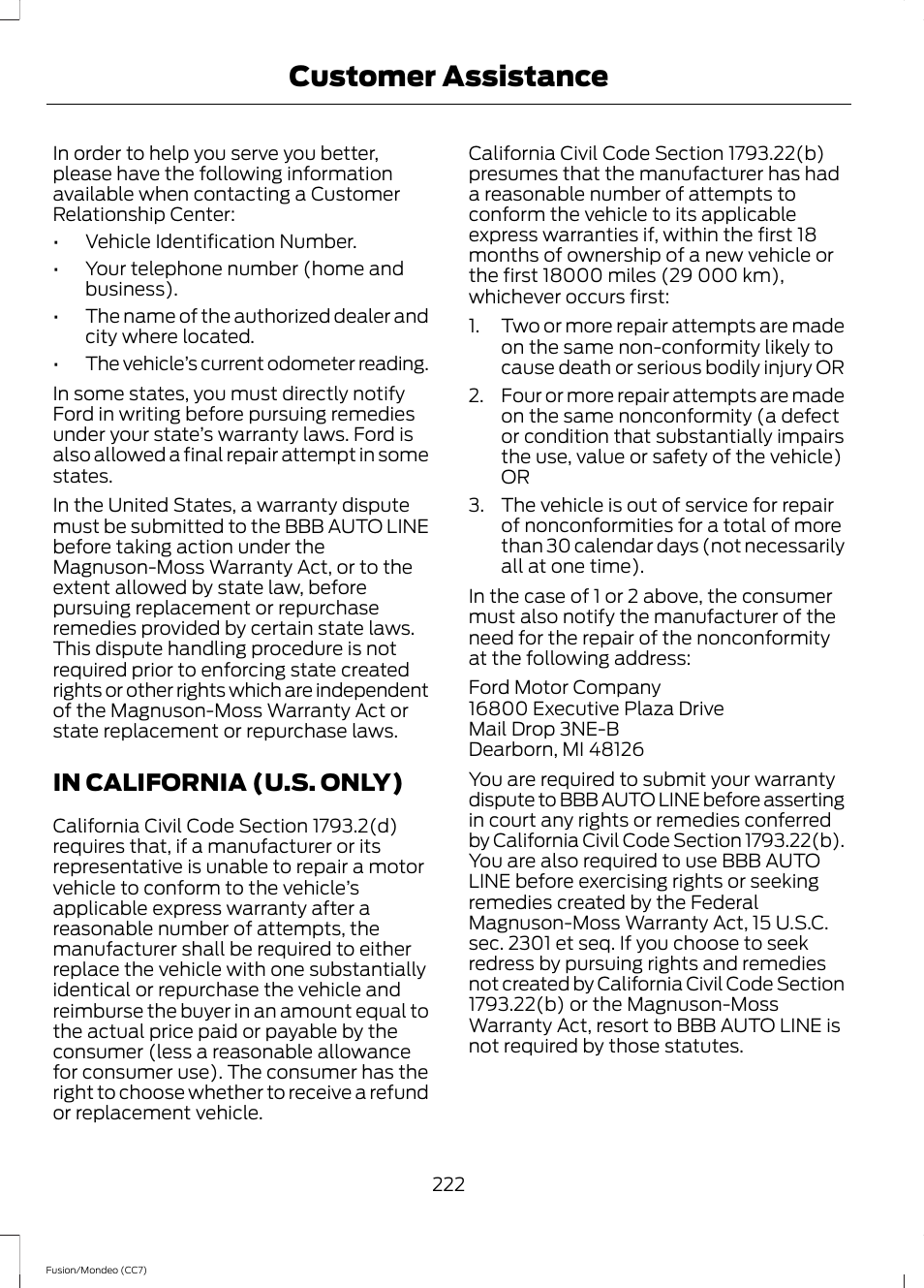 In california (u.s. only), Customer assistance | FORD 2013 Fusion v.3 User Manual | Page 225 / 458