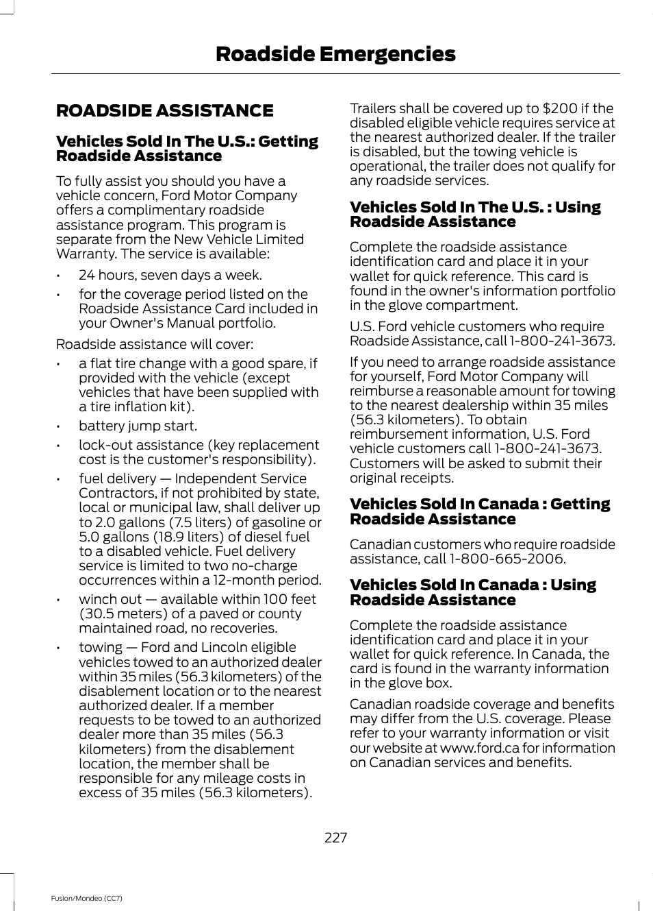Roadside emergencies, Roadside assistance | FORD 2013 Fusion v.3 User Manual | Page 230 / 458