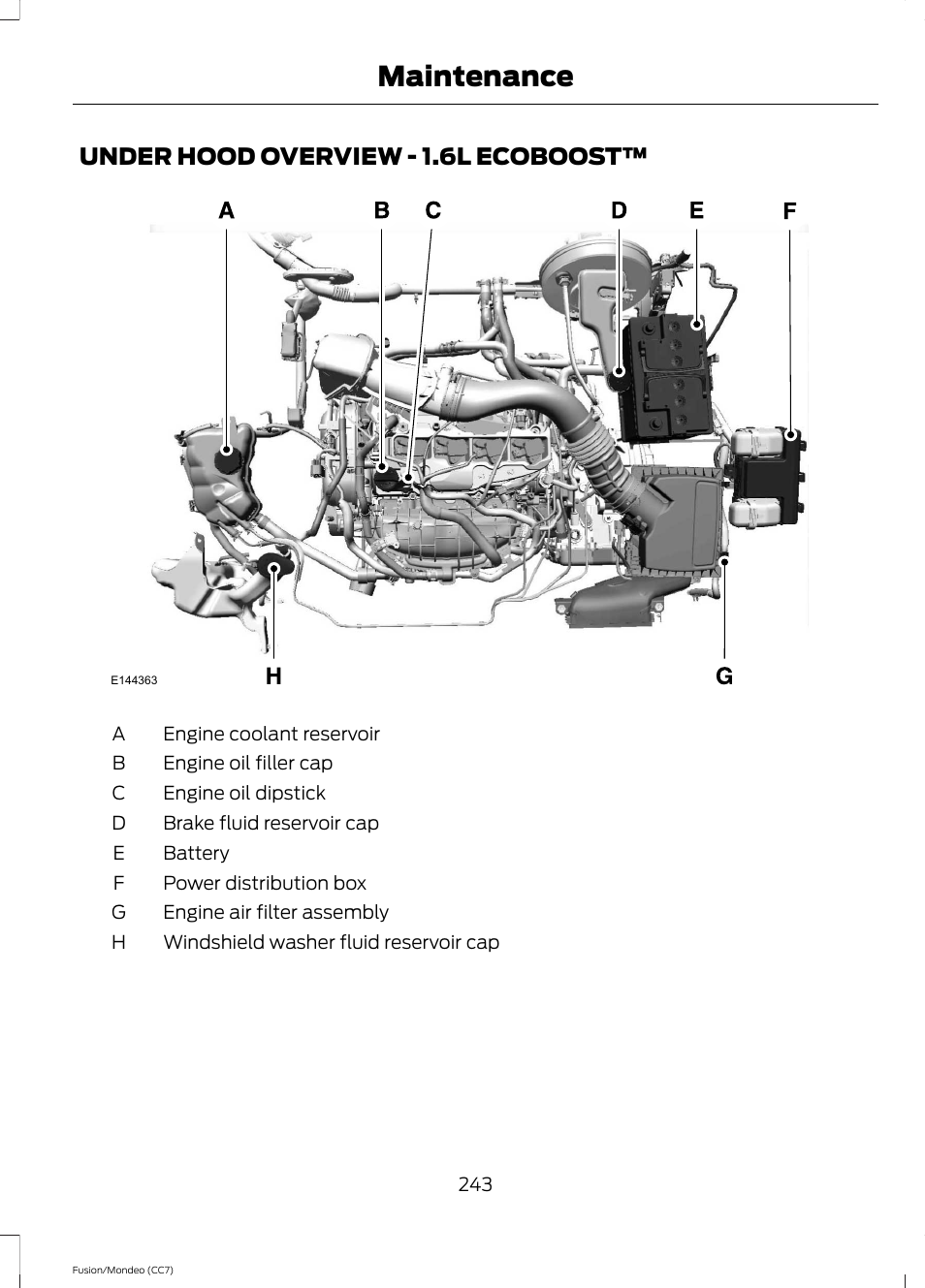 Under hood overview, Under hood overview - 1.6l, Ecoboost | Maintenance, Under hood overview - 1.6l ecoboost | FORD 2013 Fusion v.3 User Manual | Page 246 / 458