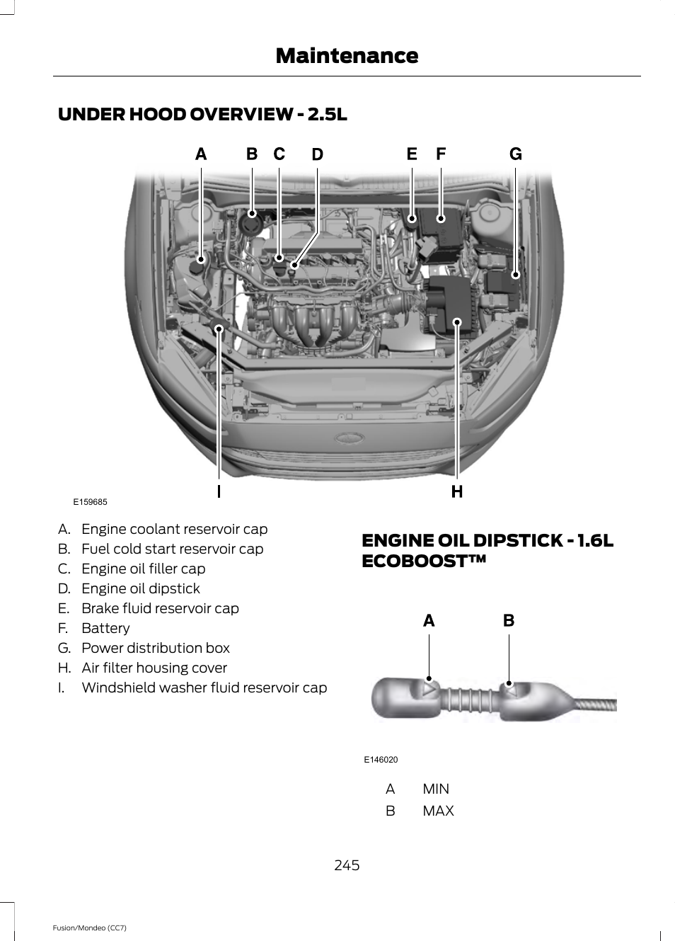 Under hood overview, Engine oil dipstick, Ecoboost | Maintenance, Under hood overview - 2.5l, Engine oil dipstick - 1.6l ecoboost | FORD 2013 Fusion v.3 User Manual | Page 248 / 458