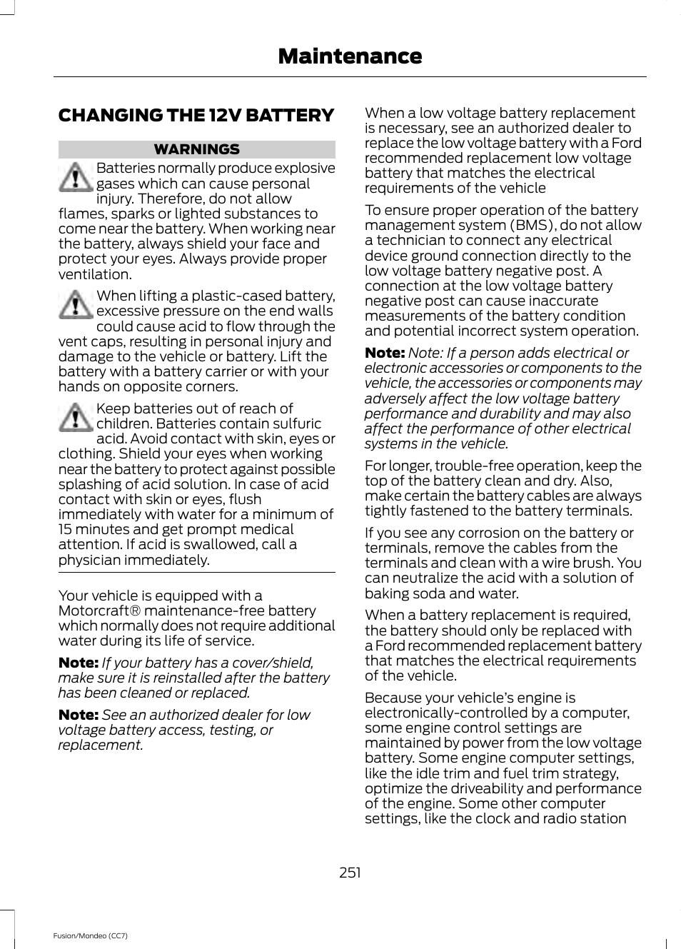 Changing the 12v battery, Maintenance | FORD 2013 Fusion v.3 User Manual | Page 254 / 458