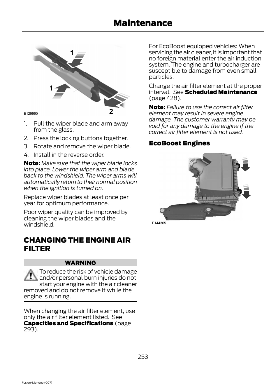 Changing the engine air filter, Maintenance | FORD 2013 Fusion v.3 User Manual | Page 256 / 458