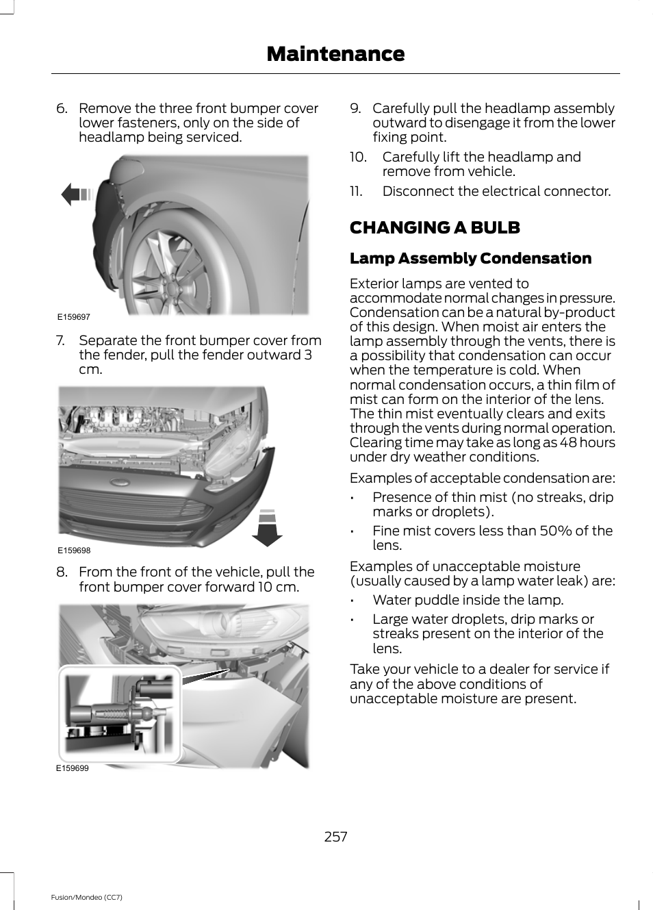 Changing a bulb, Maintenance | FORD 2013 Fusion v.3 User Manual | Page 260 / 458