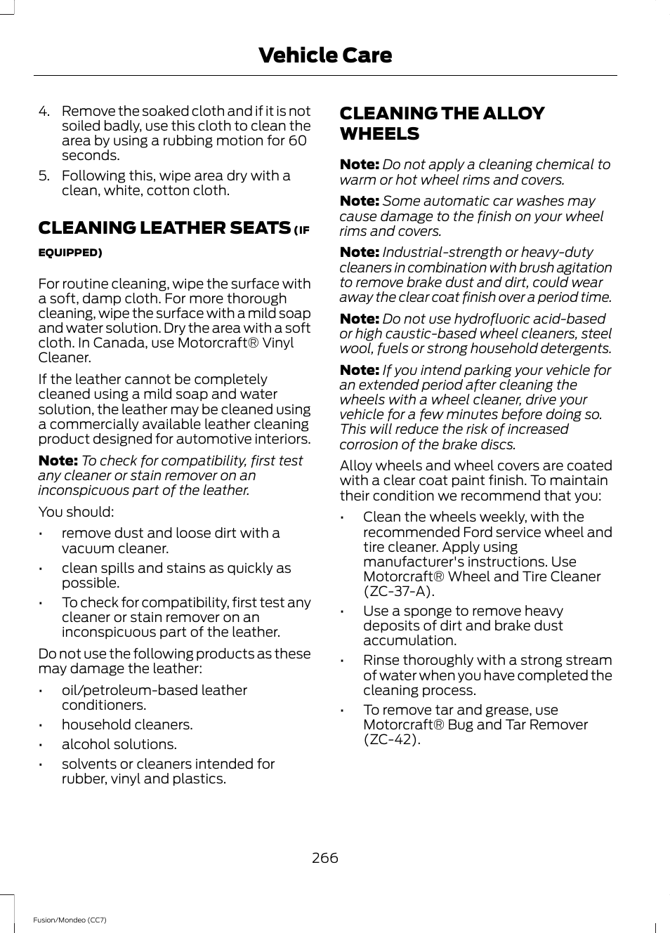 Cleaning leather seats, Cleaning the alloy wheels, Cleaning leather seats cleaning the alloy wheels | Vehicle care | FORD 2013 Fusion v.3 User Manual | Page 269 / 458