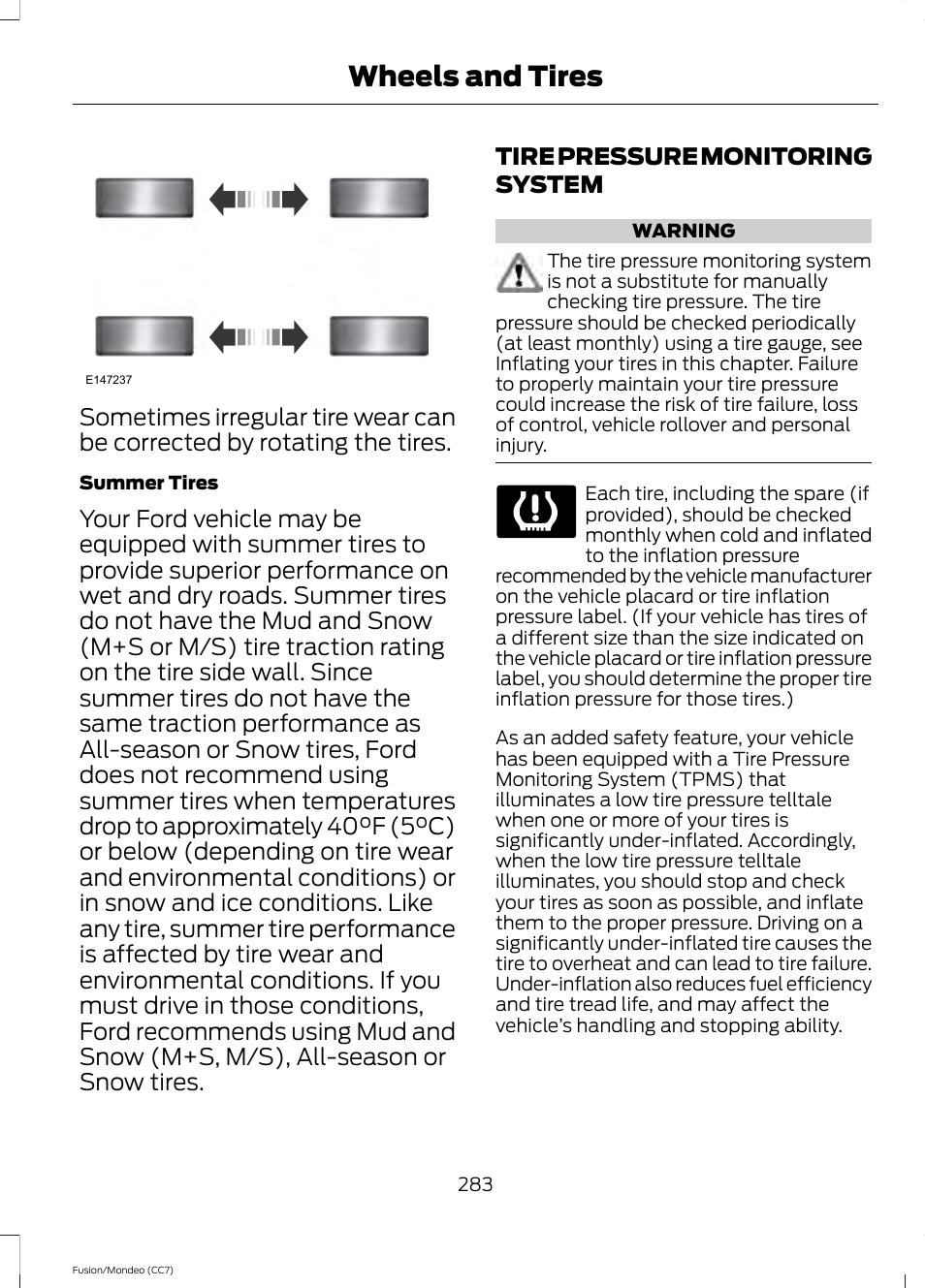 Tire pressure monitoring system, See tire pressure, Wheels and tires | FORD 2013 Fusion v.3 User Manual | Page 286 / 458