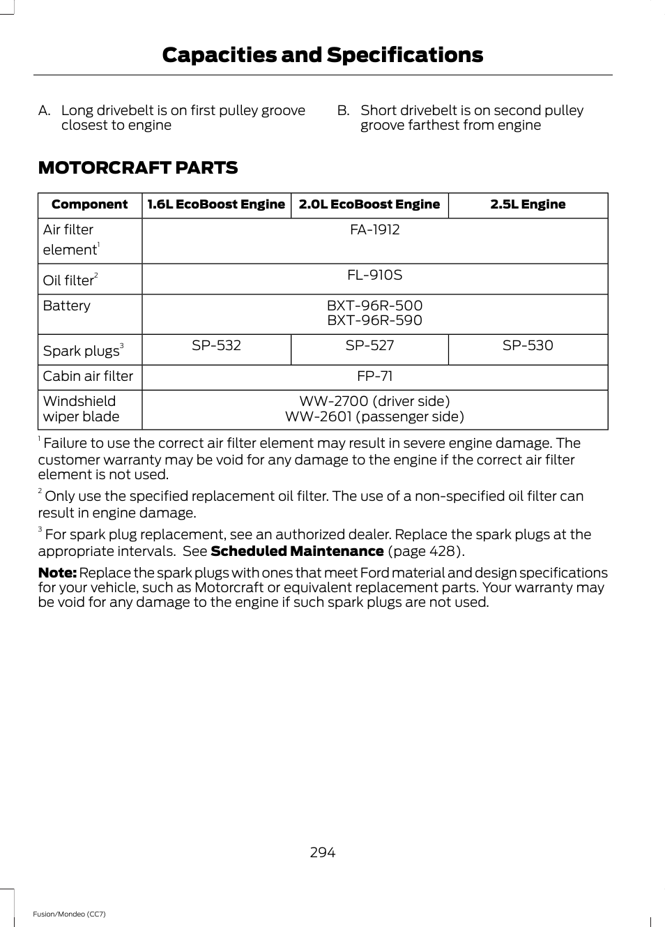 Motorcraft parts, Capacities and specifications | FORD 2013 Fusion v.3 User Manual | Page 297 / 458