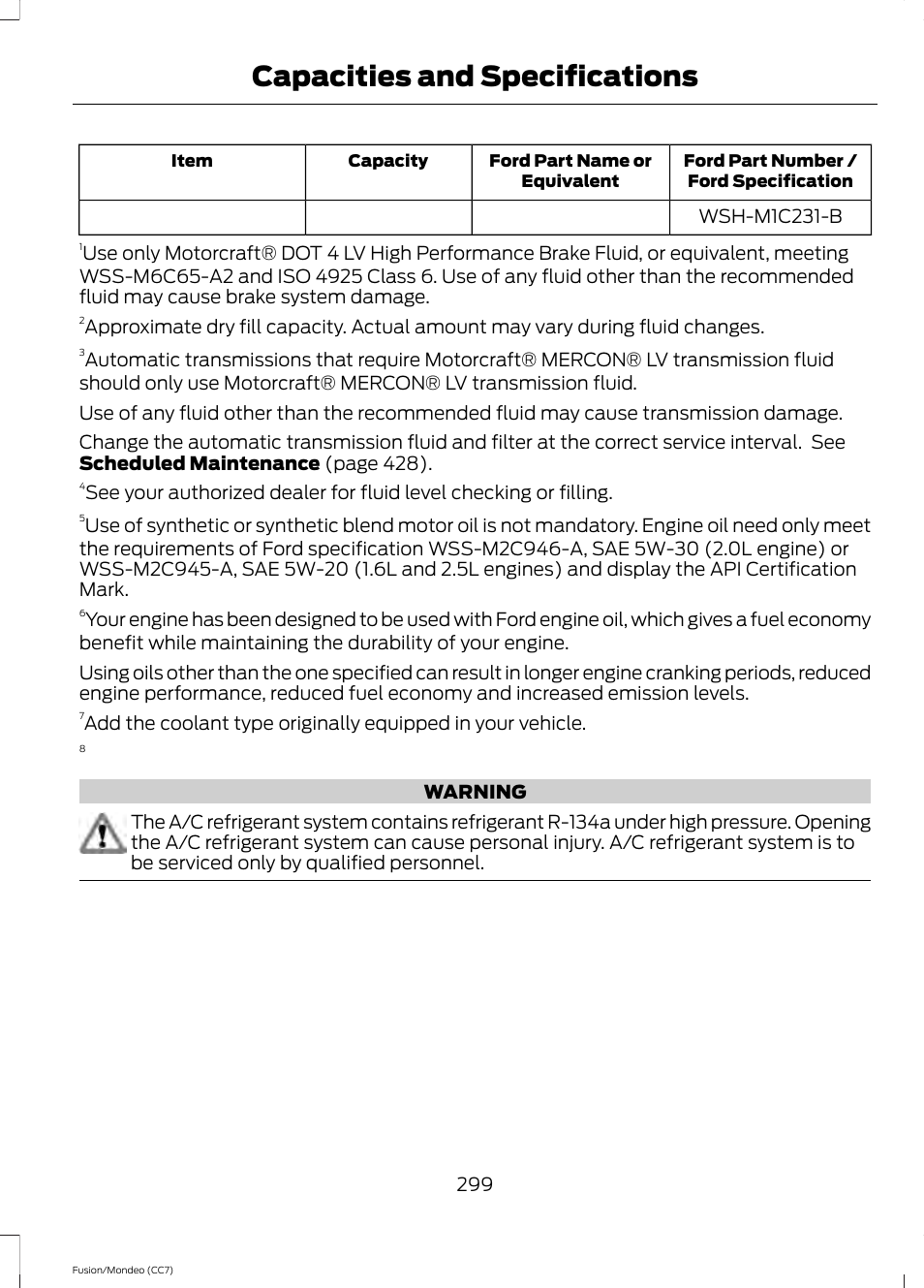 Capacities and specifications | FORD 2013 Fusion v.3 User Manual | Page 302 / 458