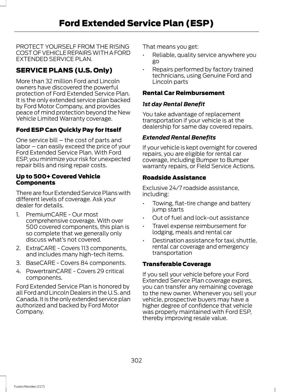 Ford extended service plan (esp), Ford extended service plan, Esp) | FORD 2013 Fusion v.3 User Manual | Page 305 / 458