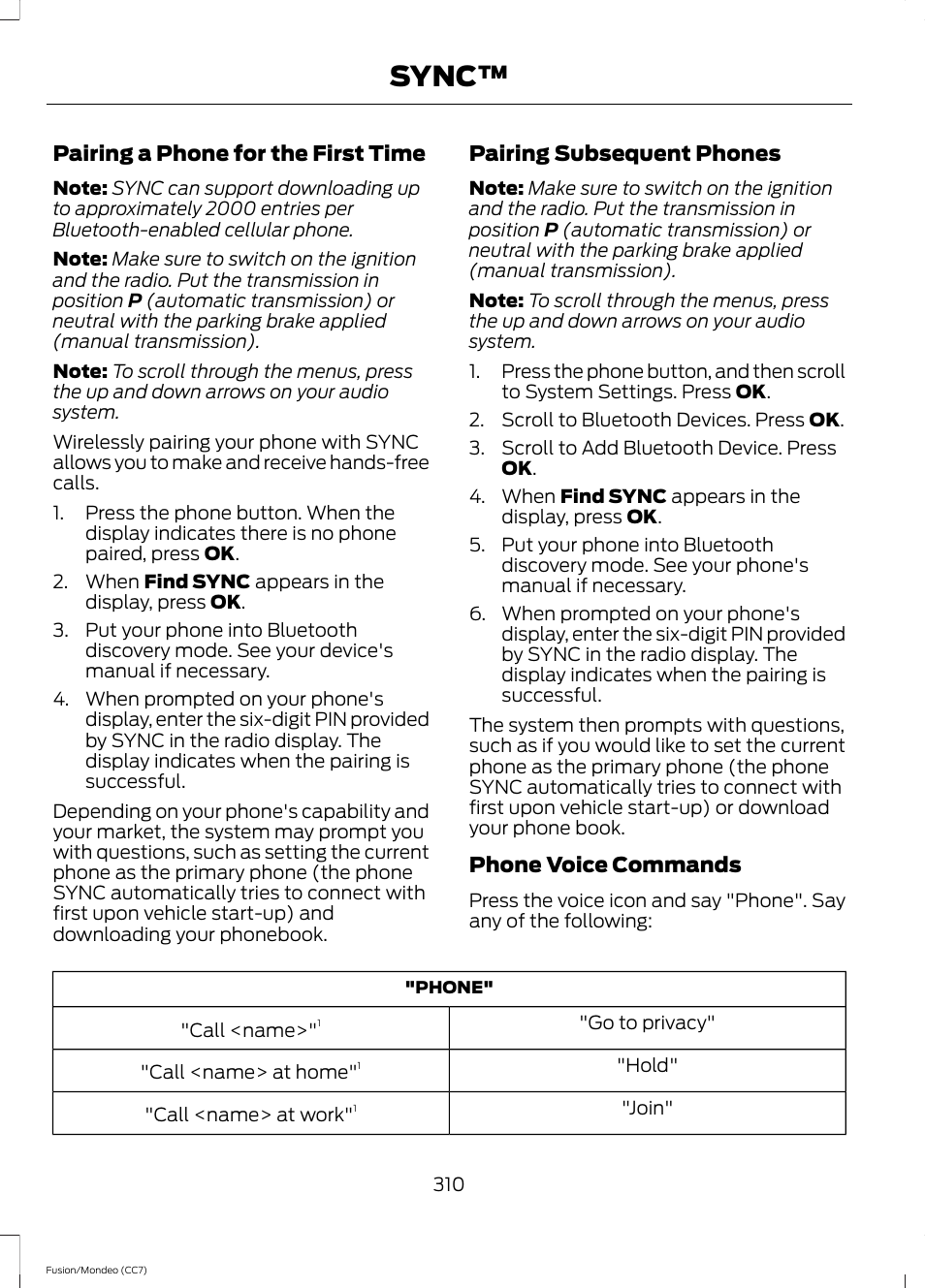 Sync | FORD 2013 Fusion v.3 User Manual | Page 313 / 458