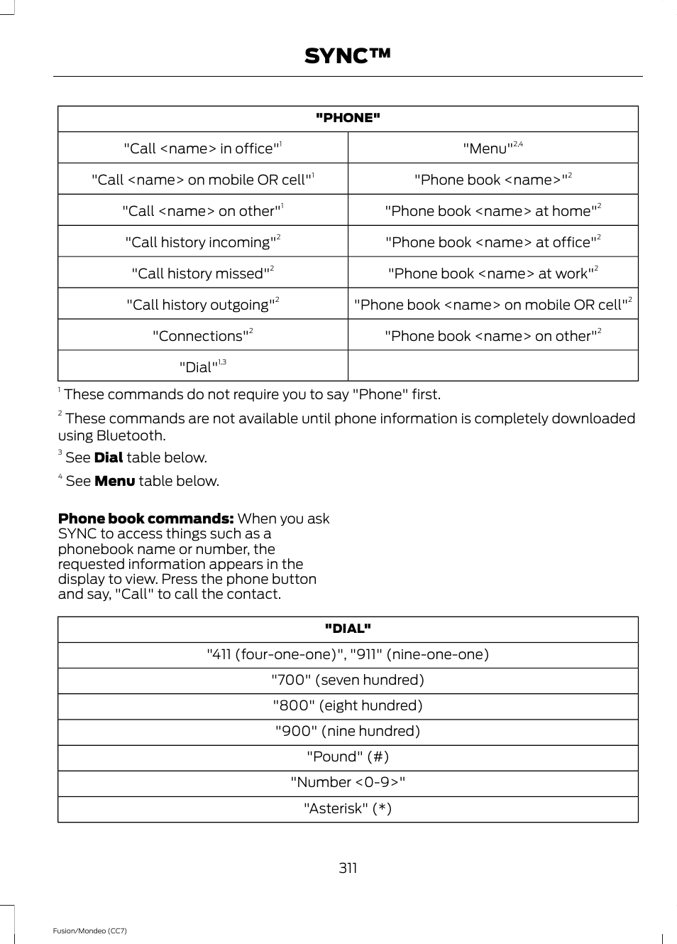Sync, Menu, Call <name> in office | Phone book <name, Call <name> on mobile or cell, Phone book <name> at home, Call <name> on other, Phone book <name> at office, Call history incoming, Phone book <name> at work | FORD 2013 Fusion v.3 User Manual | Page 314 / 458