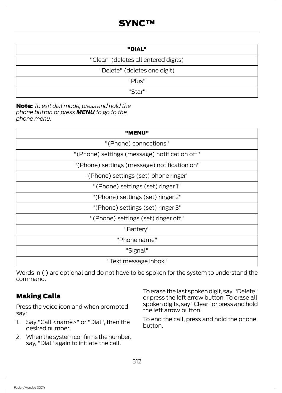 Sync | FORD 2013 Fusion v.3 User Manual | Page 315 / 458