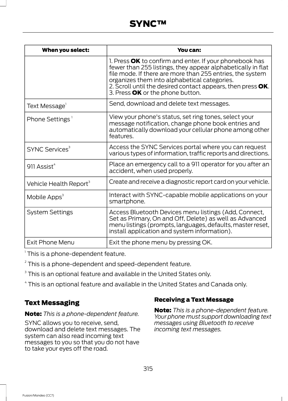 Sync, Text messaging | FORD 2013 Fusion v.3 User Manual | Page 318 / 458