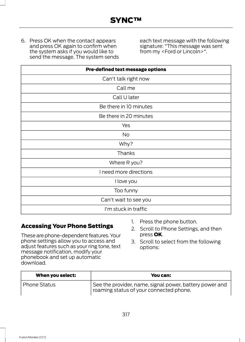Sync | FORD 2013 Fusion v.3 User Manual | Page 320 / 458