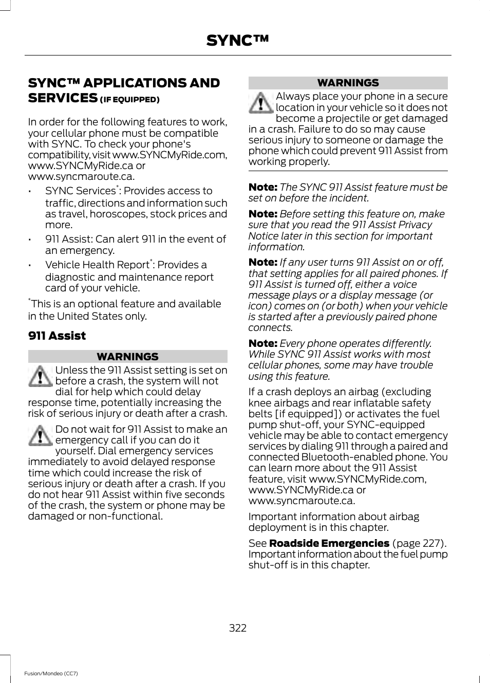 Sync™ applications and services, Sync | FORD 2013 Fusion v.3 User Manual | Page 325 / 458