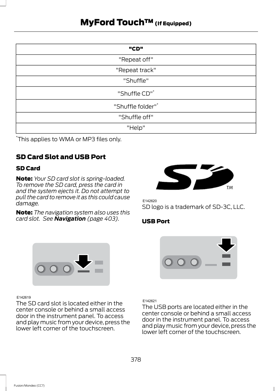 Myford touch, Sd card slot and usb port | FORD 2013 Fusion v.3 User Manual | Page 381 / 458