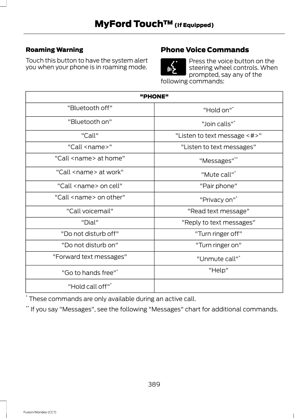 Myford touch, Phone voice commands | FORD 2013 Fusion v.3 User Manual | Page 392 / 458