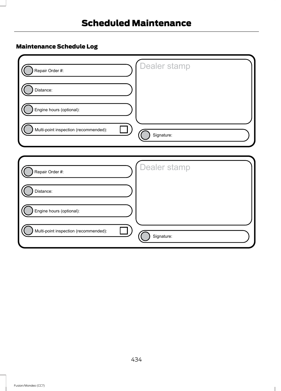 Dealer stamp, Scheduled maintenance | FORD 2013 Fusion v.3 User Manual | Page 437 / 458