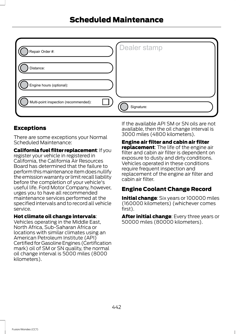 Dealer stamp, Scheduled maintenance | FORD 2013 Fusion v.3 User Manual | Page 445 / 458