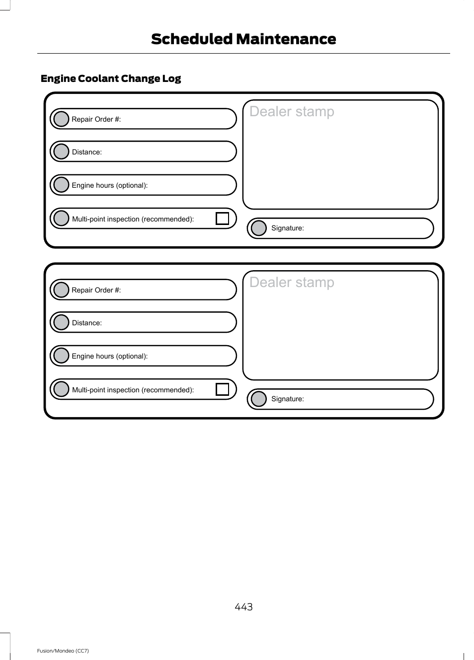 Dealer stamp, Scheduled maintenance | FORD 2013 Fusion v.3 User Manual | Page 446 / 458