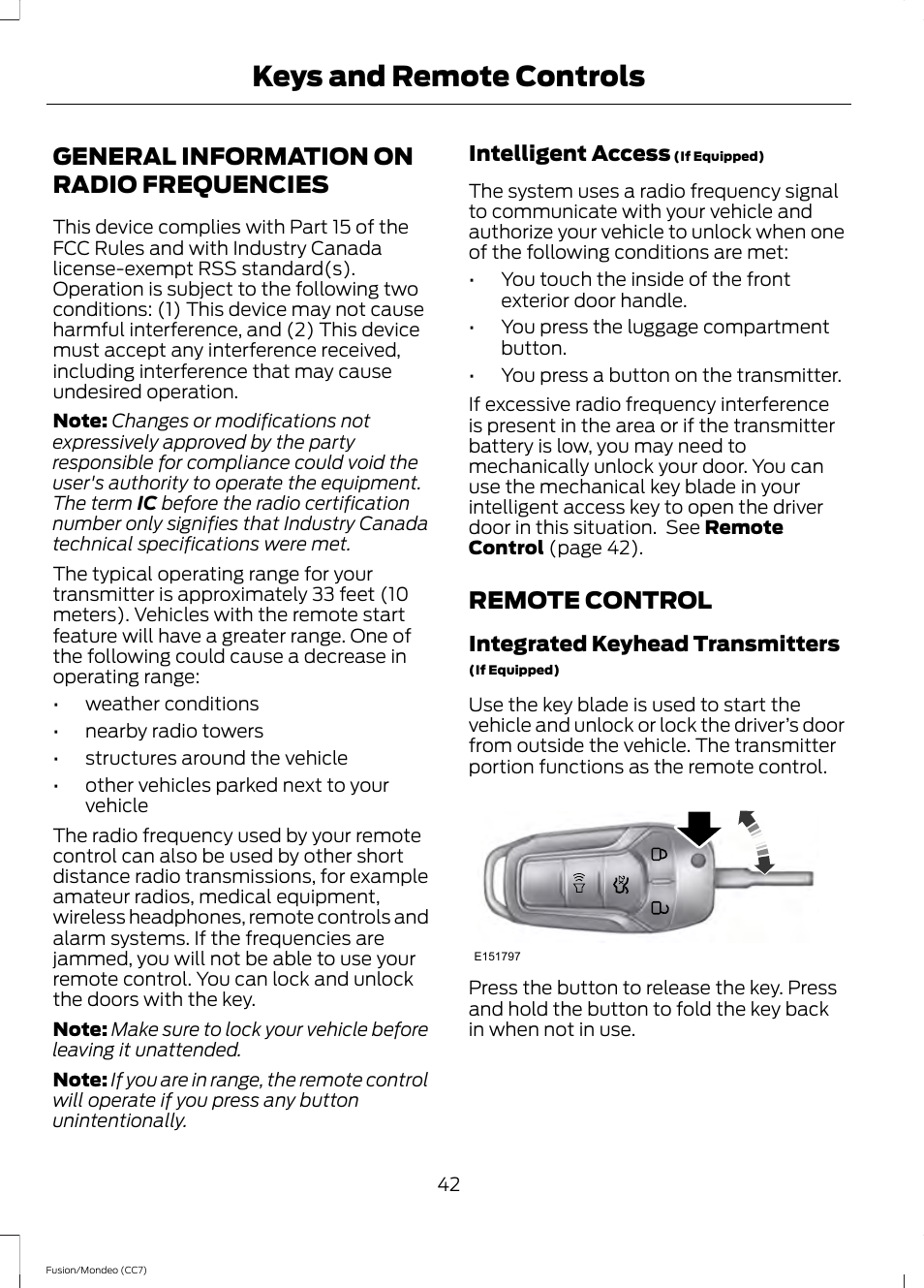 Keys and remote controls, General information on radio frequencies, Remote control | General information on radio, Frequencies | FORD 2013 Fusion v.3 User Manual | Page 45 / 458