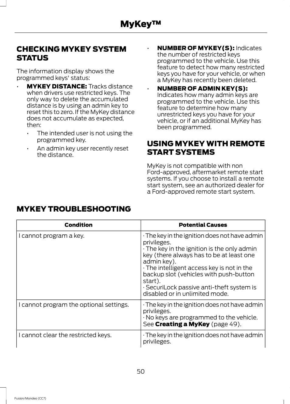 Checking mykey system status, Using mykey with remote start systems, Mykey troubleshooting | Systems, Mykey | FORD 2013 Fusion v.3 User Manual | Page 53 / 458
