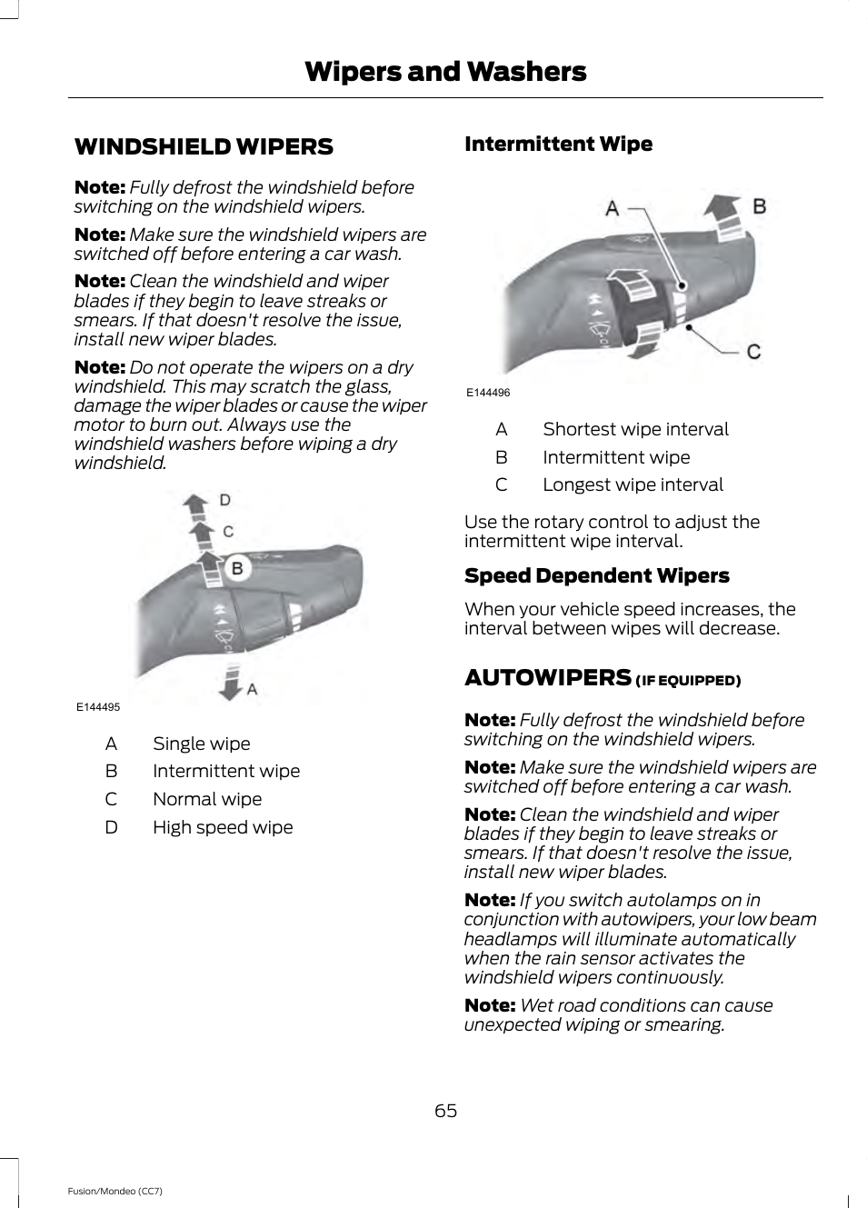 Wipers and washers, Windshield wipers, Autowipers | FORD 2013 Fusion v.3 User Manual | Page 68 / 458