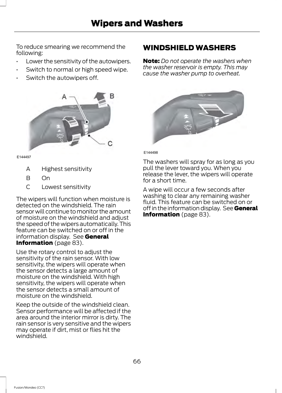 Windshield washers, Wipers and washers | FORD 2013 Fusion v.3 User Manual | Page 69 / 458