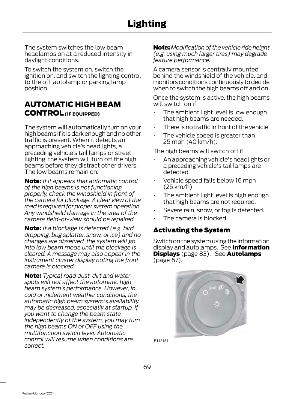 Automatic high beam control, Lighting | FORD 2013 Fusion v.3 User Manual | Page 72 / 458