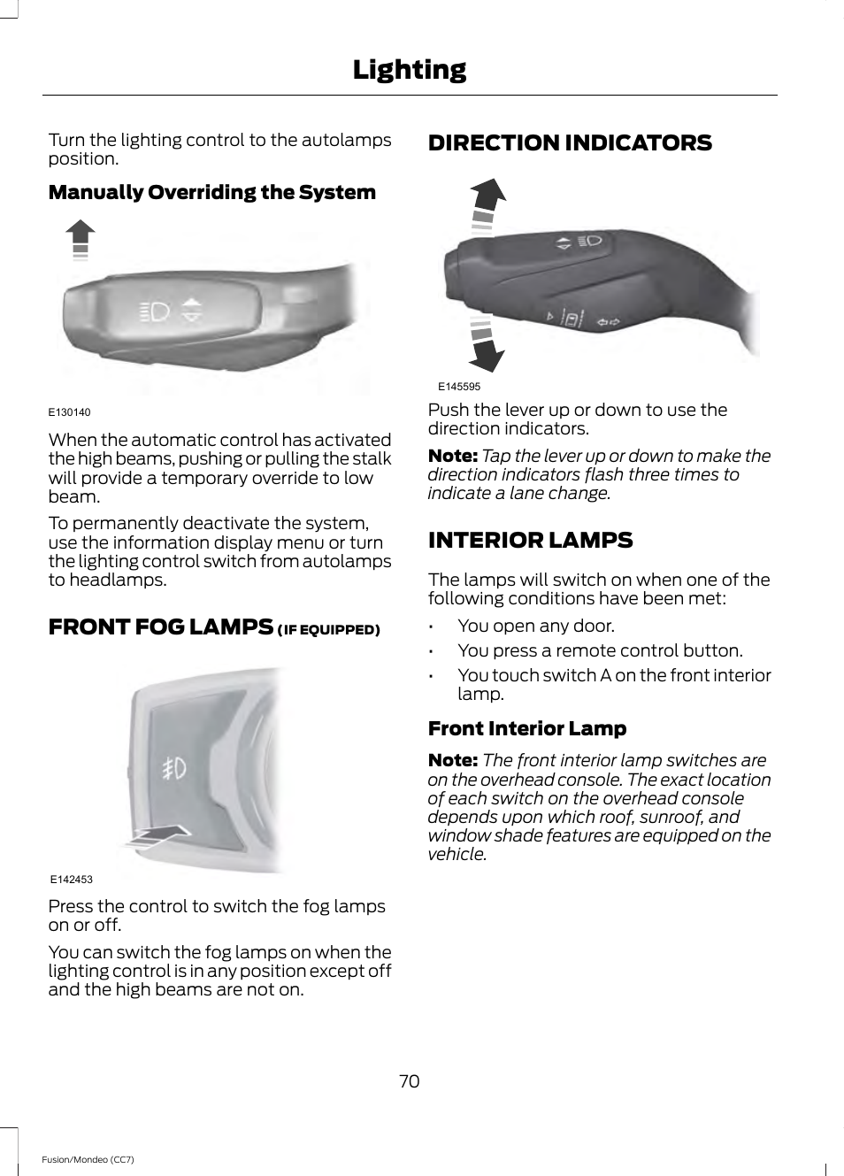 Front fog lamps, Direction indicators, Interior lamps | Lighting | FORD 2013 Fusion v.3 User Manual | Page 73 / 458