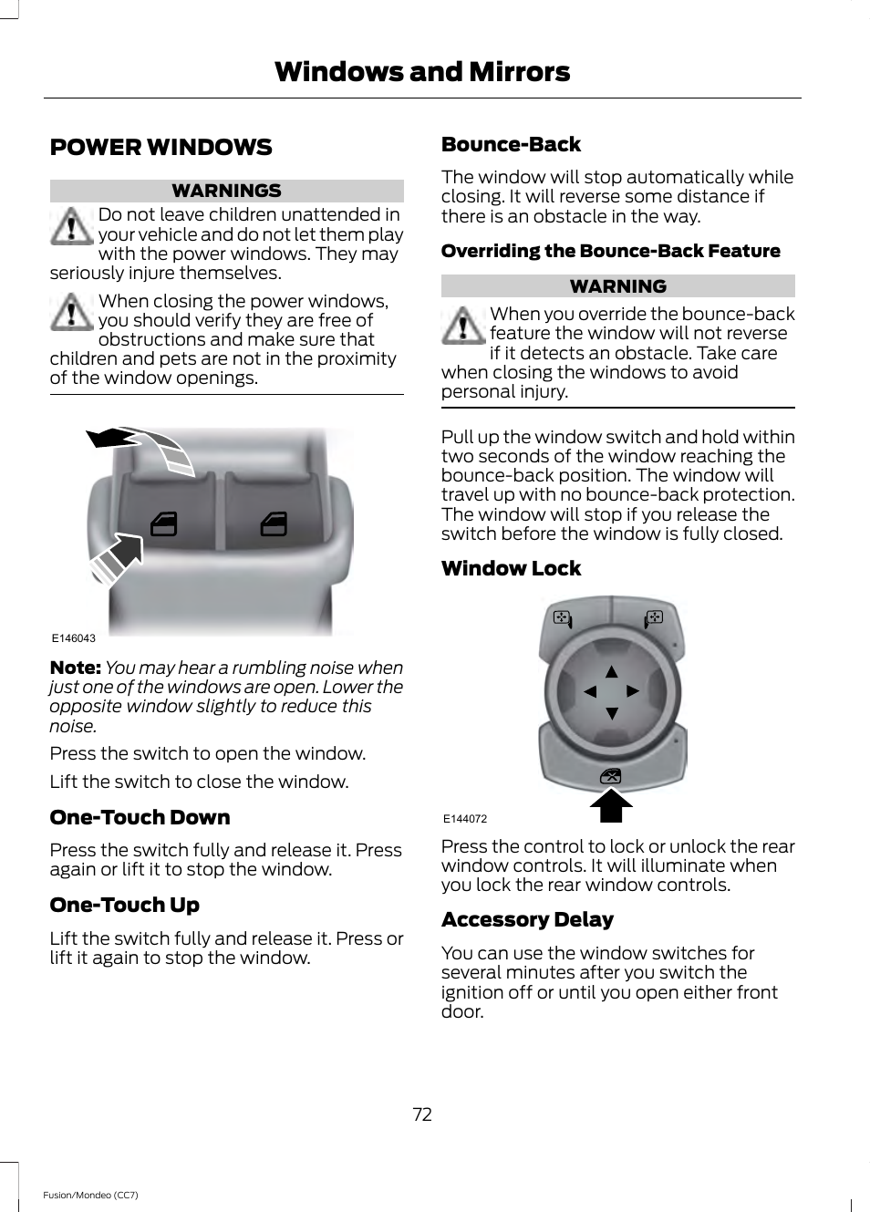 Windows and mirrors, Power windows | FORD 2013 Fusion v.3 User Manual | Page 75 / 458