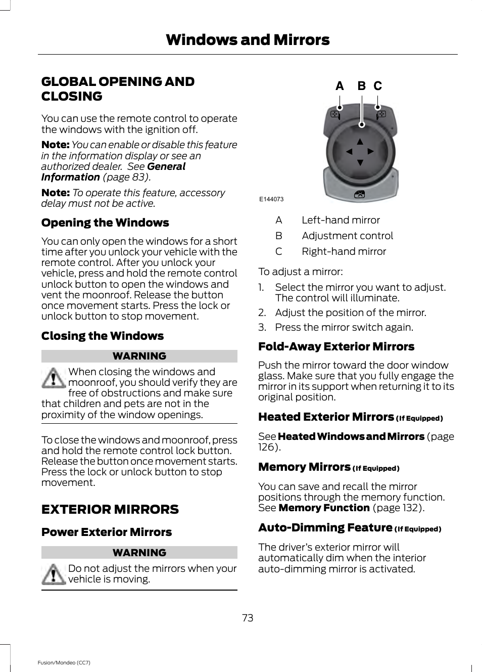 Global opening and closing, Exterior mirrors, Global opening and closing exterior mirrors | Windows and mirrors | FORD 2013 Fusion v.3 User Manual | Page 76 / 458