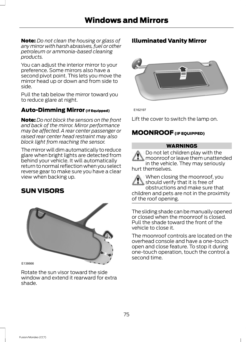 Sun visors, Moonroof, Sun visors moonroof | Windows and mirrors | FORD 2013 Fusion v.3 User Manual | Page 78 / 458