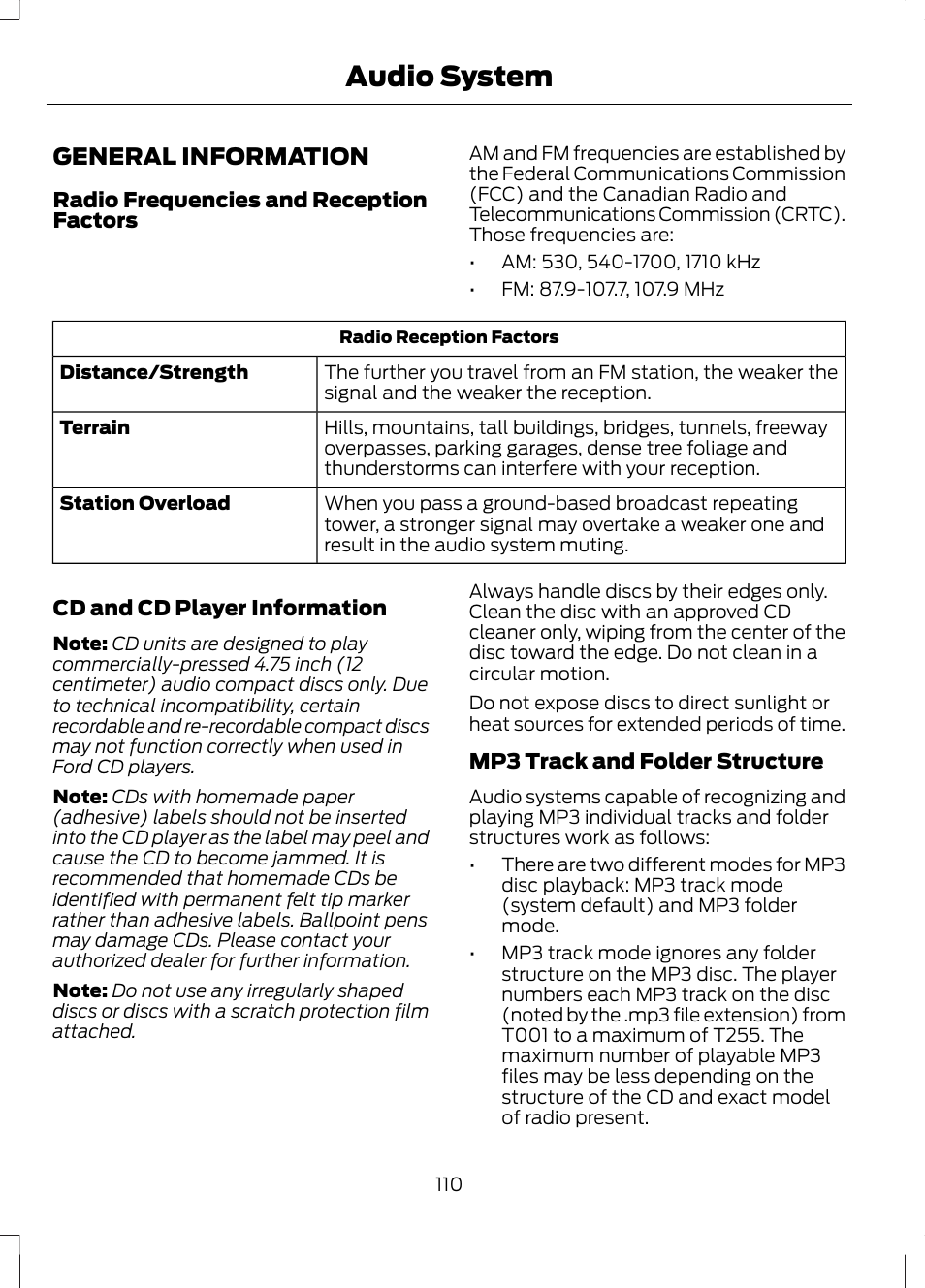 Audio system, General information | FORD 2013 Fusion Hybrid v.1 User Manual | Page 112 / 461