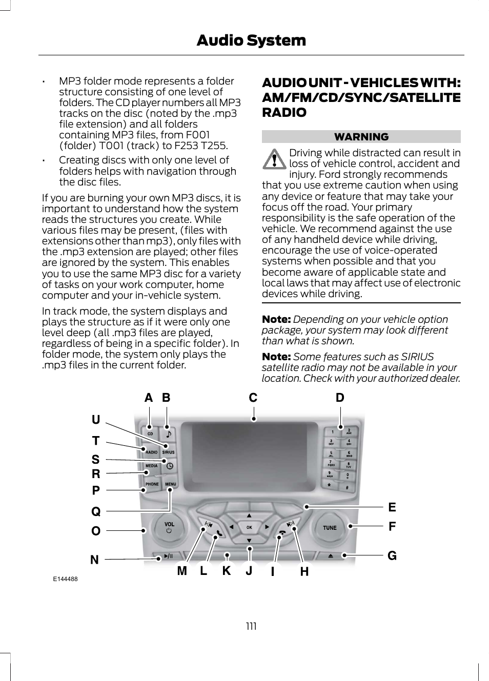 Audio unit, Audio unit - vehicles with, Am/fm/cd/sync/satellite radio | Audio system | FORD 2013 Fusion Hybrid v.1 User Manual | Page 113 / 461