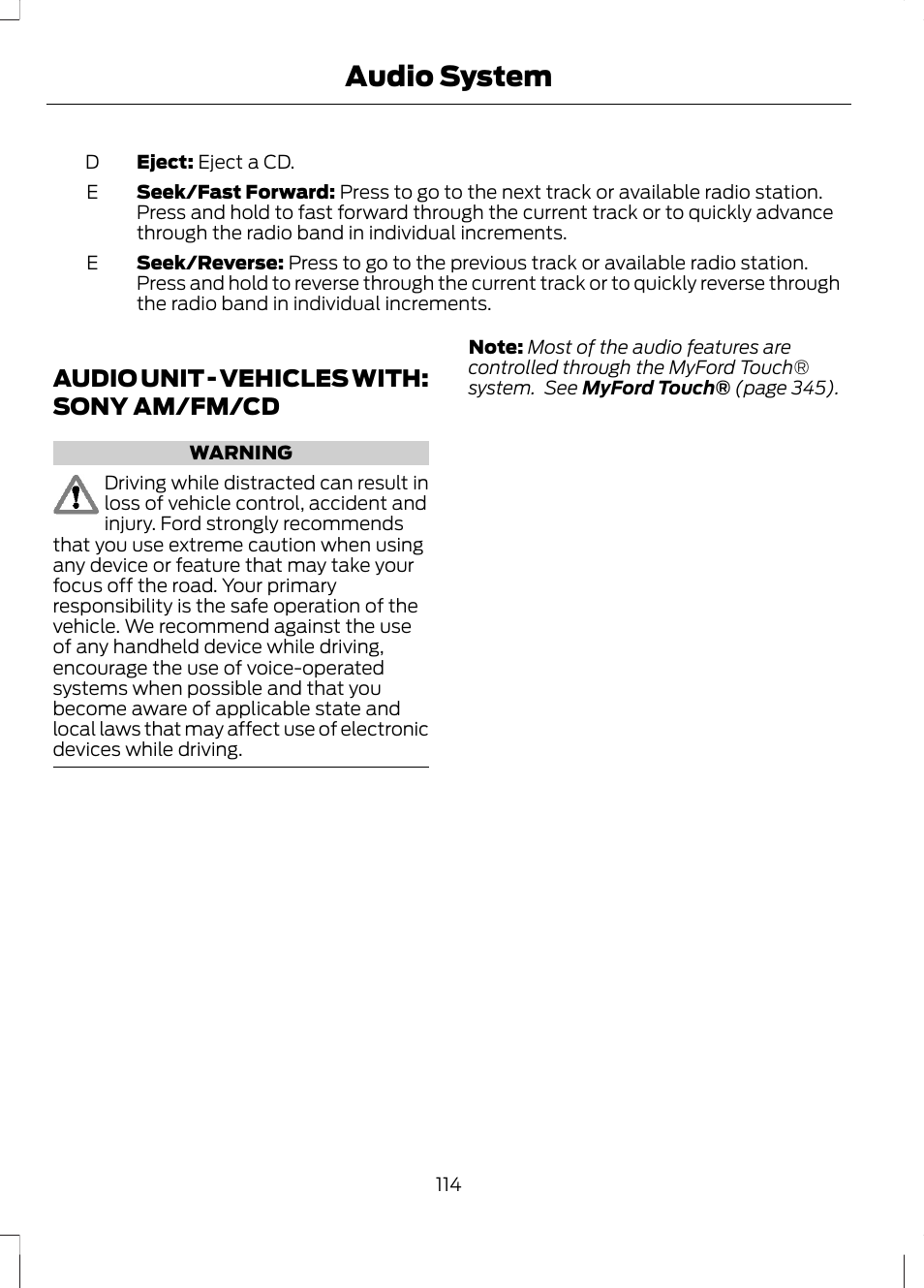 Audio unit, Audio unit - vehicles with: sony, Am/fm/cd | Audio system, Audio unit - vehicles with: sony am/fm/cd | FORD 2013 Fusion Hybrid v.1 User Manual | Page 116 / 461